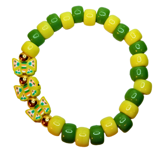 "Butterflies" Beaded Bracelet with green, yellow, and gold tone beads.
