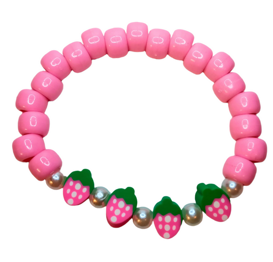 Pink "Strawberries" Beaded Bracelet with Strawberry Charms & Pearls