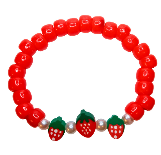 "Strawberries Kisses"  Red Beaded Bracelet with Strawberry Charms & Pearls